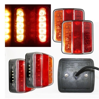 Luzes traseiras retangulares vermelhas, laranjas e brancas para veículos com ligação elétrica e parafusos.