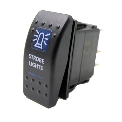 Interruptor preto com ícone azul e texto STROBE LIGHTS