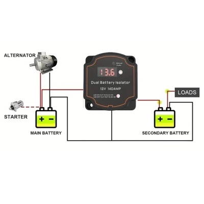 Diagrama eléctrico de isolador de bateria dupla 12V 140AMP com componentes e conexões