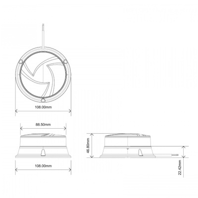 Desenho técnico de dispositivo circular com medidas e cabo