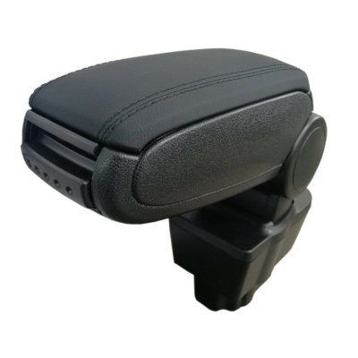 Apoio de braço para automóvel preto com costura dupla e plástico texturizado.