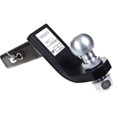Engate de reboque preto com esfera prateada e etiqueta branca