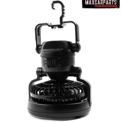 Ventoinha portátil preta com gancho de suspensão e botão de controlo