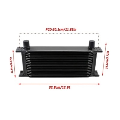 Radiador de óleo preto com dimensões em vermelho