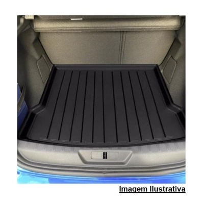 Tapete preto para mala de carro com ranhuras longitudinais, colocado dentro da mala de carro azul
