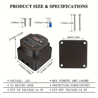 Regulador de tensão digital DC 12V com visor e parafusos, e placa de montagem preta com especificações