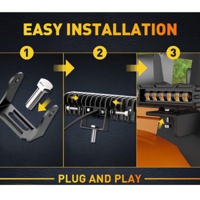 Instruções visuais para instalação de suporte de metal preto e luz LED com parafuso, com texto.