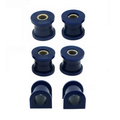 Conjunto de peças cilíndricas e em forma de U azul escuro com inserções metálicas.