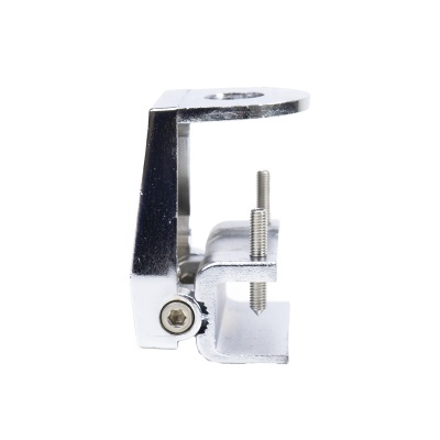 Suporte metálico prateado em forma de L com parafuso de fixação