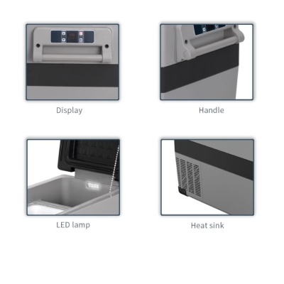 Frigorífico portátil cinza com ecrã digital, pega, lâmpada LED interior e dissipador de calor