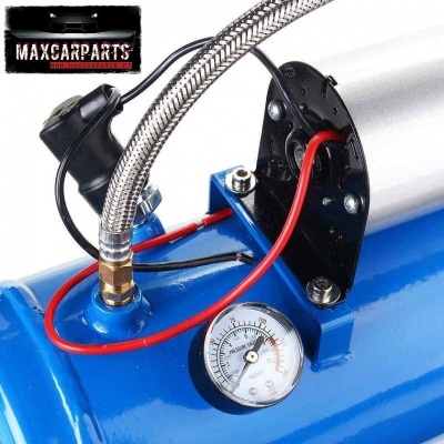 Compressor de ar azul com mangueira metálica, fios e manómetro