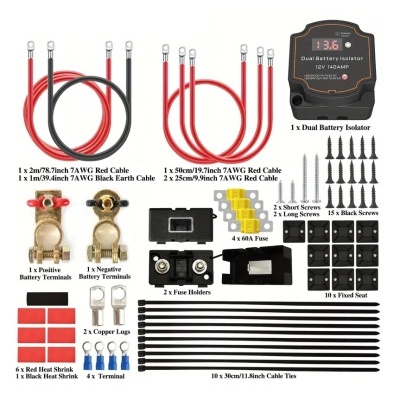 Kit isolador de bateria dupla com cabos, terminais, fusíveis e acessórios