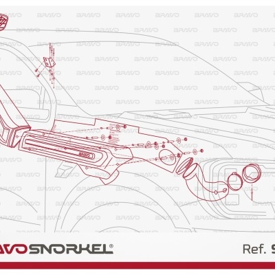 Ilustração técnica de snorkel automóvel BRAVO SNORKEL Ref. SFRV em contorno vermelho.