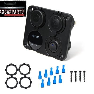 Painel elétrico com tomadas, indicador de voltagem e interruptor