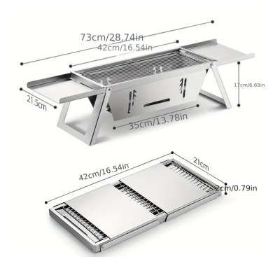 Churrasqueira portátil de metal cinza com medidas demonstradas