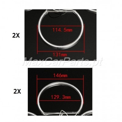 Anéis metálicos prateados com dimensões em milímetros indicadas sobre fundo preto