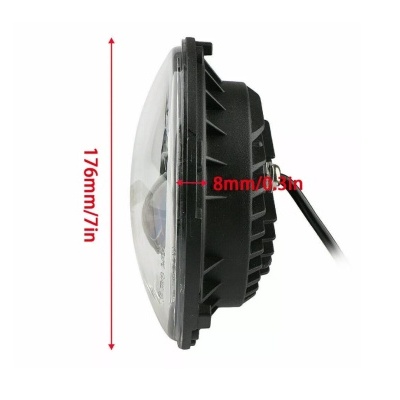 Luz redonda transparente com estrutura preta e medidas indicadas