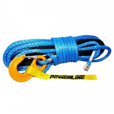 Corda de reboque azul com gancho amarelo e etiqueta POWERLINE