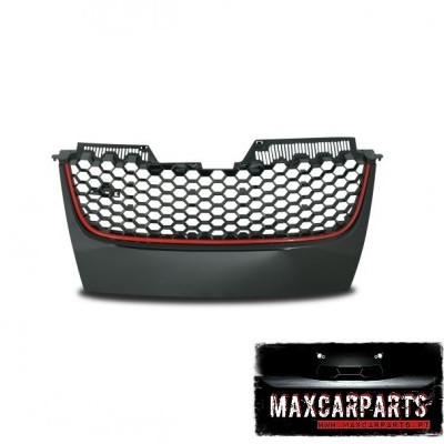 Grelha frontal preta com padrão colmeia e detalhe vermelho