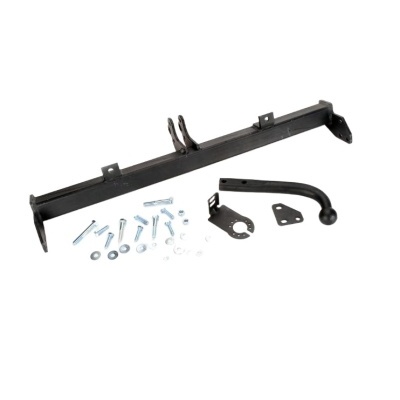 Conjunto de reboque metálico com barra preta, gancho em L, parafusos e arruelas