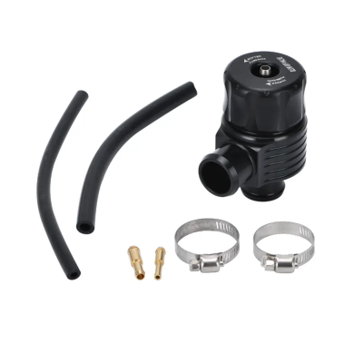 Válvula de purga preta com tubos de borracha e acessórios em fundo branco