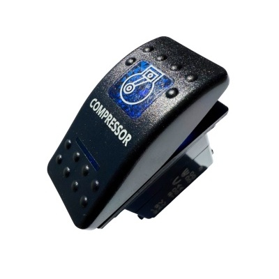 Interruptor preto com símbolo azul de compressor e texto COMPRESSOR