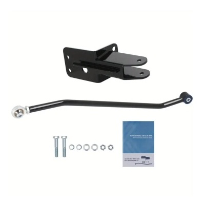 Conjunto de suporte e barra de metal pretos com parafusos, porcas, anilhas e manual de instruções.