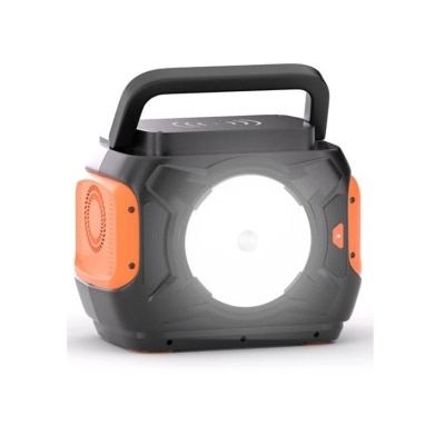 Lanterna preta e laranja portátil com alça e luz circular frontal