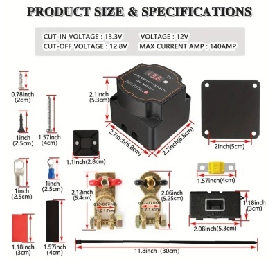 Conjunto de componentes elétricos com dimensões indicadas e texto de especificações