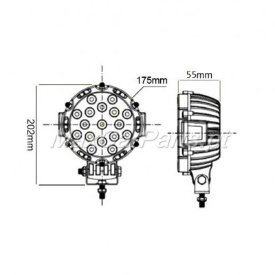 Desenho técnico de luz redonda com dimensões e suporte ajustável