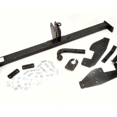 Conjunto de peças metálicas pretas para barra de reboque em fundo branco