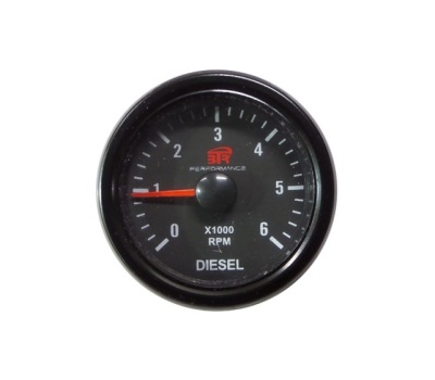 Conta-rotações preto com agulha vermelha e indicação de RPM