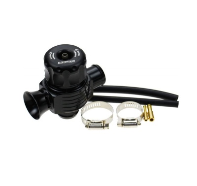 Válvula de alívio preta com acessórios em fundo branco