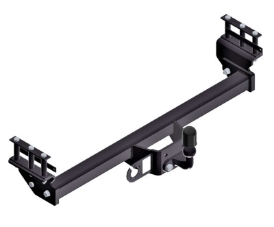 Barra de reboque preta em metal com fixações laterais e bola redonda