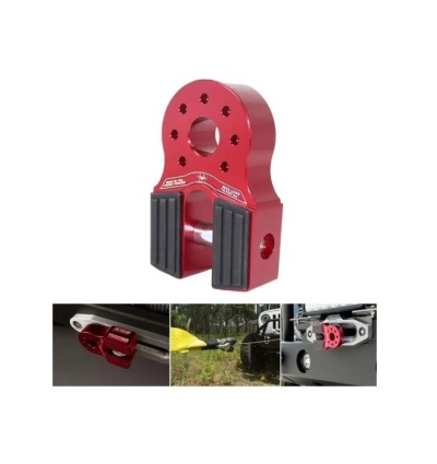Gancho de reboque metálico vermelho com proteção preta e texto branco
