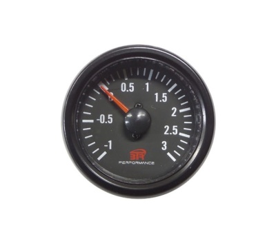 Manómetro redondo preto com escala e texto branco e vermelho