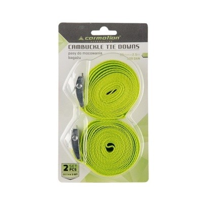 Conjunto de tiras de amarração verdes fluorescentes com fivelas metálicas em embalagem de cartão Carmotion