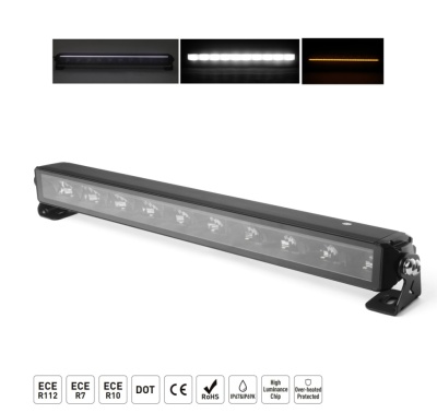 Barra de luz LED preta para veículos com 10 luminárias visíveis e suporte metálico