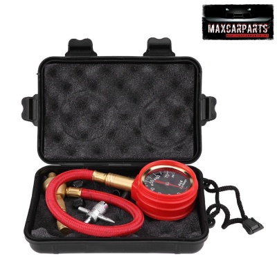 Kit de medidor de pressão com caixa preta aberta, manómetro vermelho com mostrador preto e mangueira vermelha