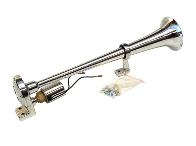 Buzina metálica cromada longa com suporte e parafusos