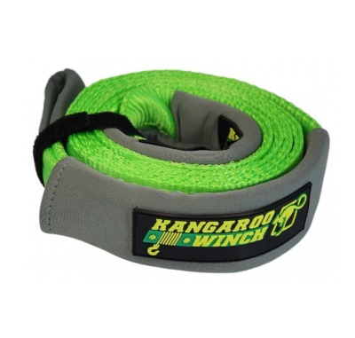 Correia verde com bordas cinzentas para guincho, com etiqueta 'KANGAROO WINCH'