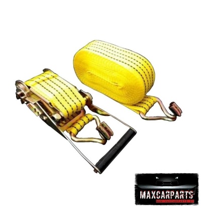 Cinta de elevação amarela com riscas pretas e manípulo metálico com pega preta, com etiqueta MAXCARPARTS