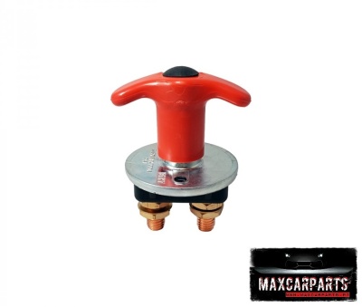 Interruptor de bateria com pega vermelha e base metálica prateada