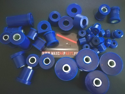 Conjunto de buchas automotivas azuis com inserções metálicas