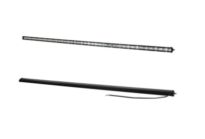 Duas barras LED tubulares pretas, uma com luzes acesas e outra com cabo elétrico