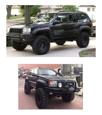 Dois SUVs Jeep Grand Cherokee pretos modificados para off-road