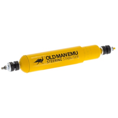 Amortecedor de direção amarelo com texto e logotipo preto