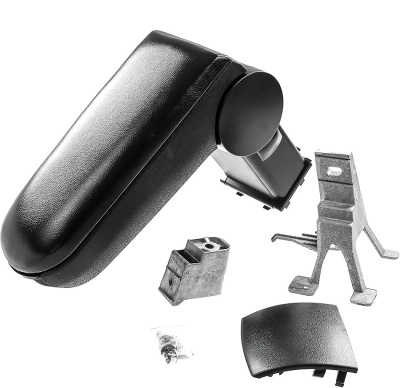 Apoia braço de carro preto com suporte metálico e parafusos