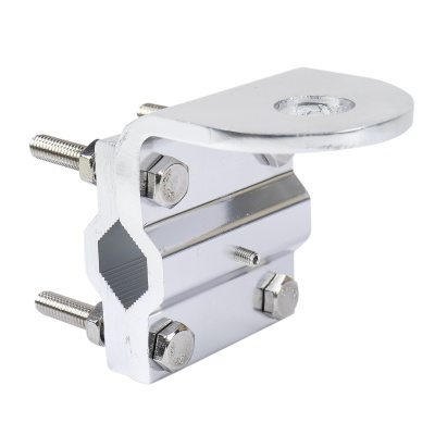 Suporte metálico prateado com parafusos e detalhe hexagonal