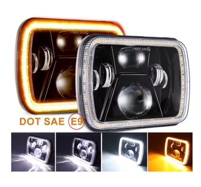 Faróis quadrados LED para automóvel com luz diurna branca e âmbar